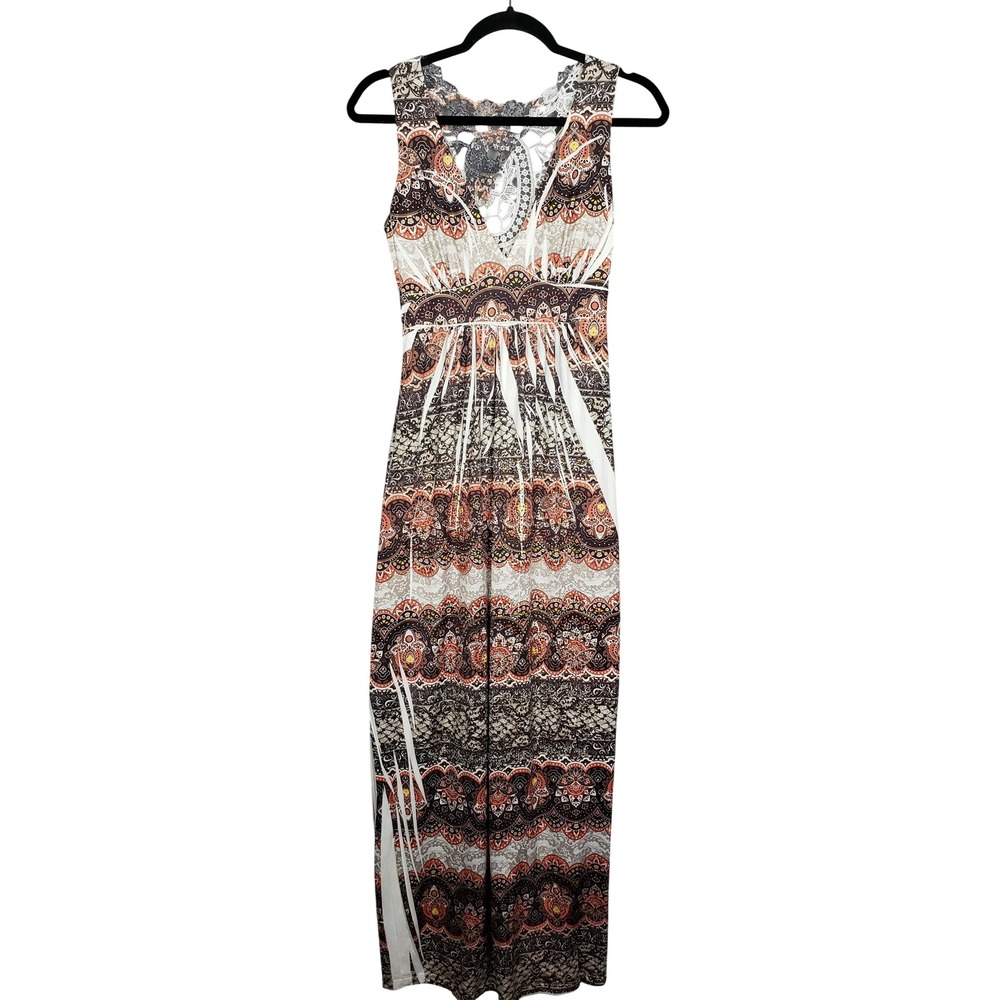 Y2K Love J Size L Babydoll Maxi Dress Brown Rust Paisley Hippie Bohemian Fairy